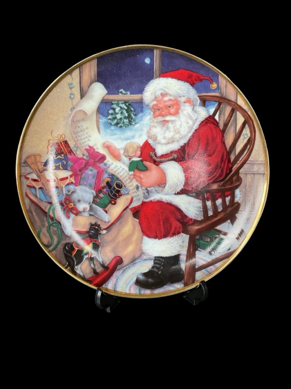 Vintage Porcelain "Checking His List" Collectors Plate w/ Stand